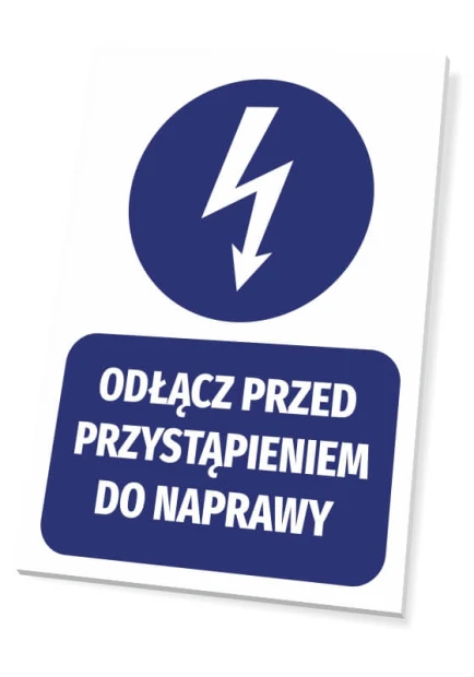 Disconnect before repair sign - Graphic design with a round lightning bolt symbol above a rectangular text.