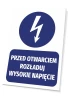 High voltage unload before opening sign - Graphic design. Round lightning symbol above rectangular text.