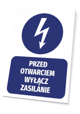 Power off before opening - Graphic design featuring a lightning bolt in a circle and text.