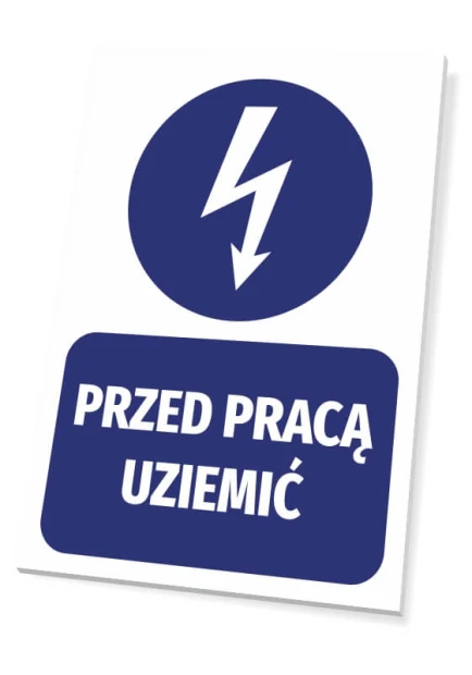 Grounding Before Work Sign - Graphic Design. Blue lightning icon with downward arrow on a white background.
