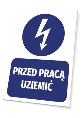 Grounding Before Work Sign - Graphic Design. Blue lightning icon with downward arrow on a white background.