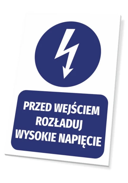 Warning sign for high voltage unloading - graphic design with a round lightning symbol above a rectangular text.