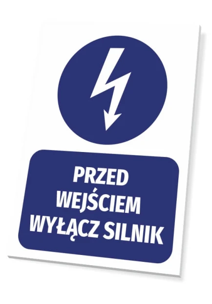 Sign at the entrance: turn off the engine - graphic design. Round lightning symbol above rectangular text.