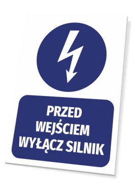 Sign at the entrance: turn off the engine - graphic design. Round lightning symbol above rectangular text.