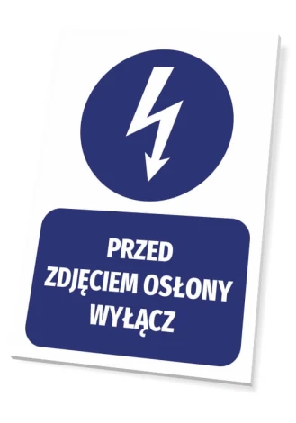 Sign Before removing cover - Graphic design. Blue circle with lightning and down arrow on a white background. Below
