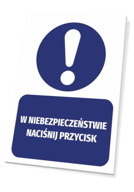 Danger sign: Press button - Graphic design. Round symbol with an exclamation mark at the top, rectangular shape.