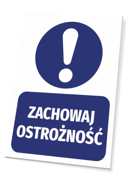 Caution sign - Graphic design. Round symbol with an exclamation mark over text on a rectangular background.