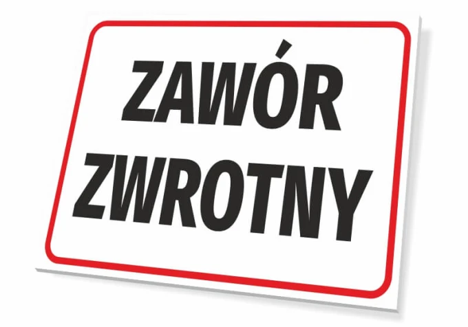 Rectangular sign for a check valve with large black letters on a white background.