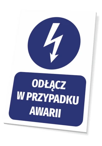 Disconnect in case of emergency sign - Graphic design with a round lightning symbol above a rectangular text on a blue background.