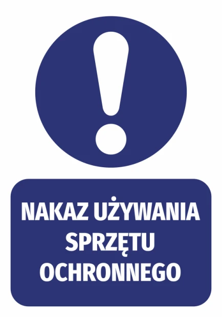 Safety equipment required sticker - Graphic design. Round symbol with an exclamation mark above a rectangular text.