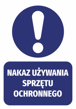 Safety equipment required sticker - Graphic design. Round symbol with an exclamation mark above a rectangular text.