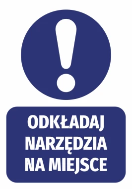 Sticker: Put tools back in place - Graphic design. Round symbol with an exclamation mark above a rectangular text.