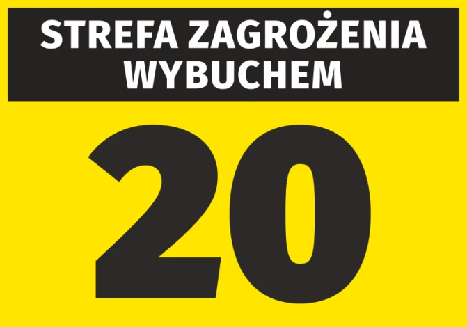 Explosion hazard sticker N261 - Graphic design. Yellow background with large black text and the number 20.
