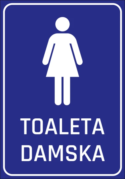 Women\'s Toilet Sticker - Graphic Design. Simple silhouette of a woman on a blue background with text.