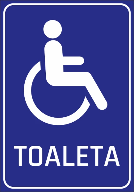 Restroom sticker for disabled individuals - graphic design. Blue background with white wheelchair symbol and text.
