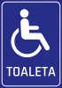 Restroom sticker for disabled individuals - graphic design. Blue background with white wheelchair symbol and text.
