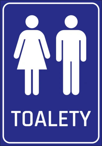 Toilet Sticker N231 - Graphic design featuring male and female figures on a blue background.