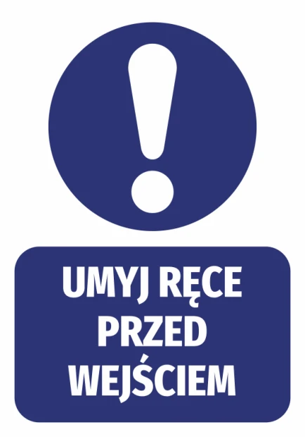 Handwashing reminder sticker - Graphic design. Round symbol with an exclamation mark above a rectangular text.