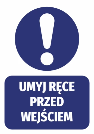 Handwashing reminder sticker - Graphic design. Round symbol with an exclamation mark above a rectangular text.