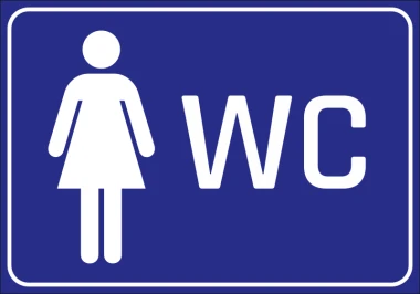 Women\'s restroom sticker - Graphic design featuring a woman in a dress next to WC text on a blue background.