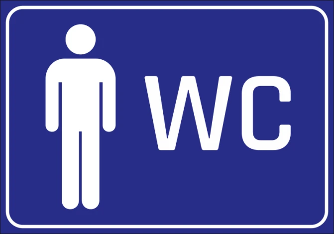 Men\'s restroom sticker - Graphic design featuring a man next to large WC letters on a blue background.