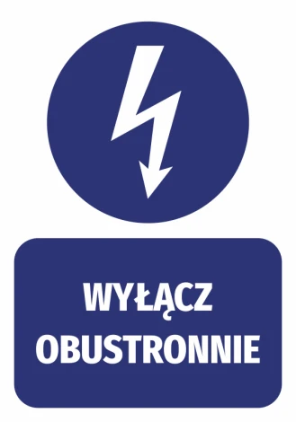 Double-sided Off Sticker - Graphic design. Round shape with a lightning bolt on a dark background, text at the bottom.