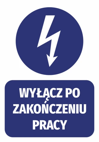Sticker: Turn Off After Work - Graphic Design. Round lightning symbol above rectangular text.