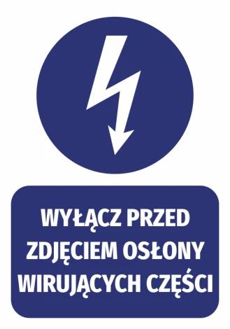 Sticker: Turn off before removing cover of rotating parts - Graphic design featuring a lightning bolt in a circle and text.