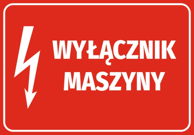 Machine Switch Sticker - Graphic Design. Red background with white text and lightning symbol.