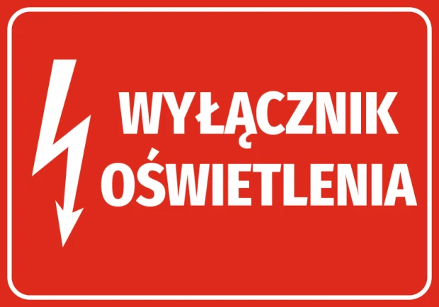 Light switch sticker - Graphic design. Red background with white text and lightning symbol.