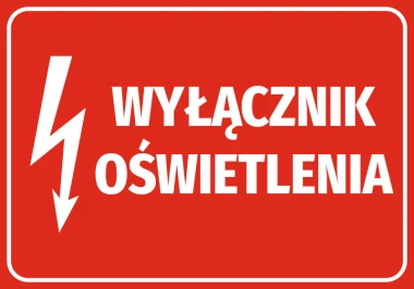 Light switch sticker - Graphic design. Red background with white text and lightning symbol.