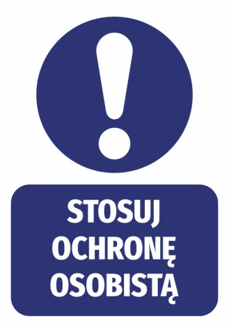 Personal protection label - Graphic design. Round symbol with an exclamation mark above a rectangular text.