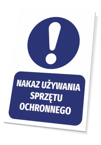 Safety equipment use sign - Graphic design. Round symbol with an exclamation mark on a blue background. Text included.
