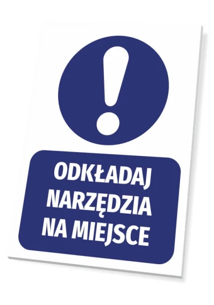 Tool Organization Sign - Graphic Design. Round symbol with an exclamation mark above the text on a rectangular background.
