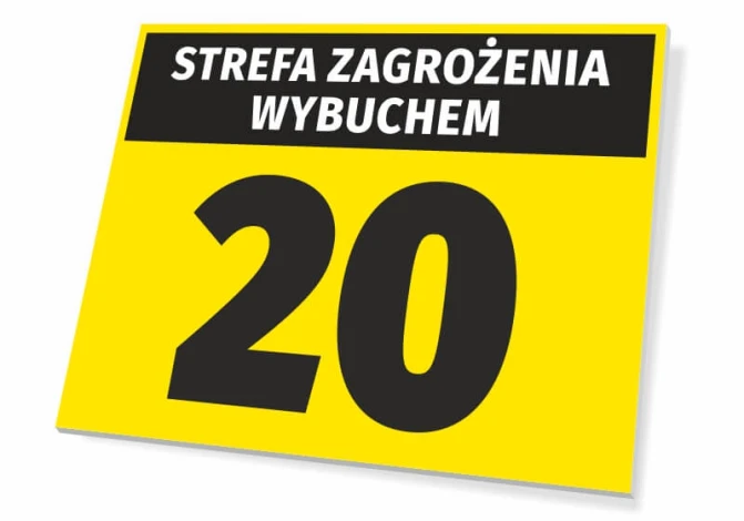 Explosion hazard sign 261 - Graphic design. Yellow background with black text and large number 20.