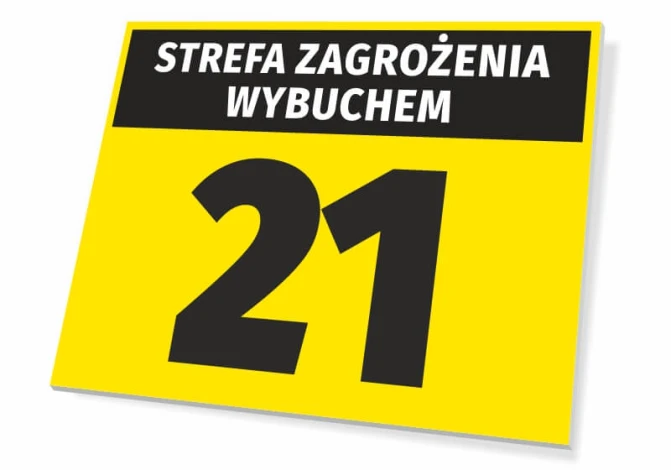 Explosion hazard sign T262 - Graphic design. Yellow background with black text and large number 21.