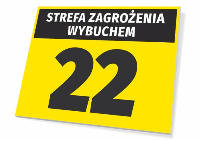 Explosion hazard sign T263 - Graphic design. Yellow background with black text and large number 22.