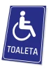 Toilet sign for disabled individuals - Graphic design. Blue background with white wheelchair icon and text.