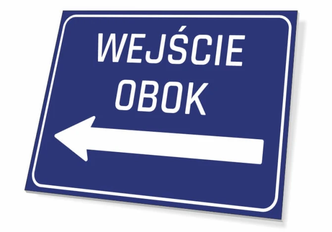 Entrance sign next to T252 - Graphic design. Rectangular sign with a blue background and white text. Arrow pointing.