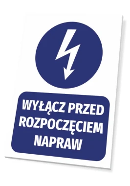 Turn off before starting repairs - Graphic design. Round lightning symbol above rectangular text on a background.