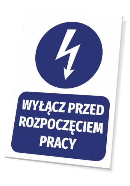 Turn Off Before Starting Work - Graphic Design. Round lightning symbol above rectangular text.