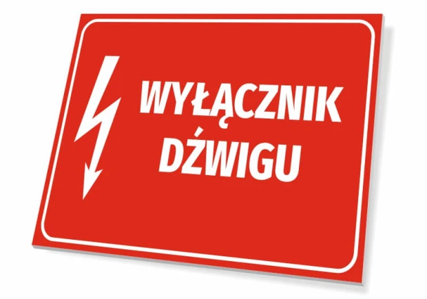 Lift switch sign - Graphic design. Red background with white text and lightning symbol.