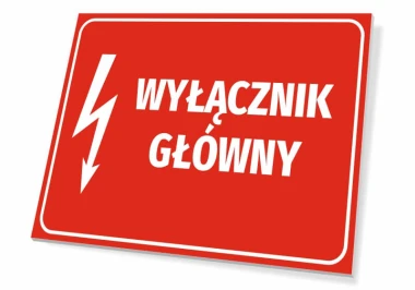 Main Switch Sign - Graphic Design. Red background with white text and lightning symbol.