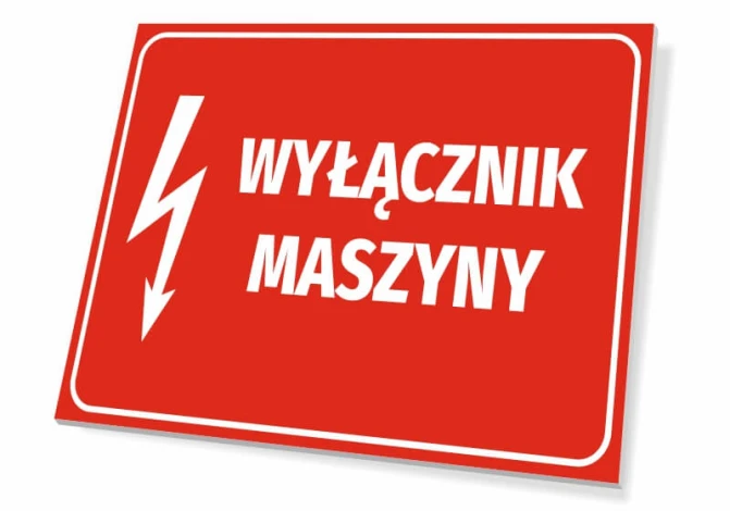 Machine Switch Sign - Graphic Design. Red background with white text and lightning symbol.
