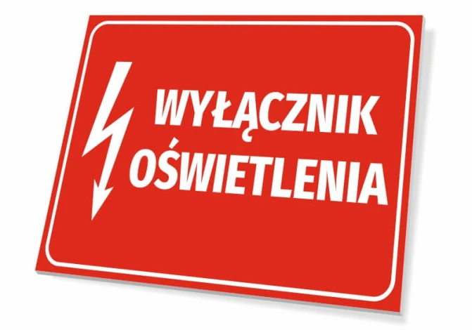 Light switch plate - Graphic design. Red background with white text and lightning bolt symbol.