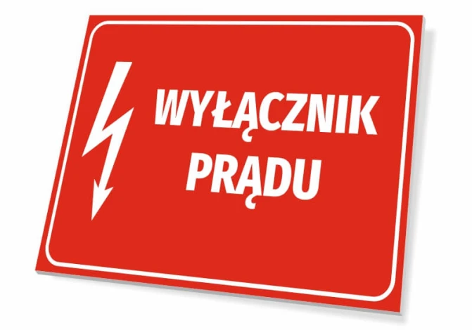 Power Switch Sign - Graphic Design. Red background with white text and lightning bolt symbol.