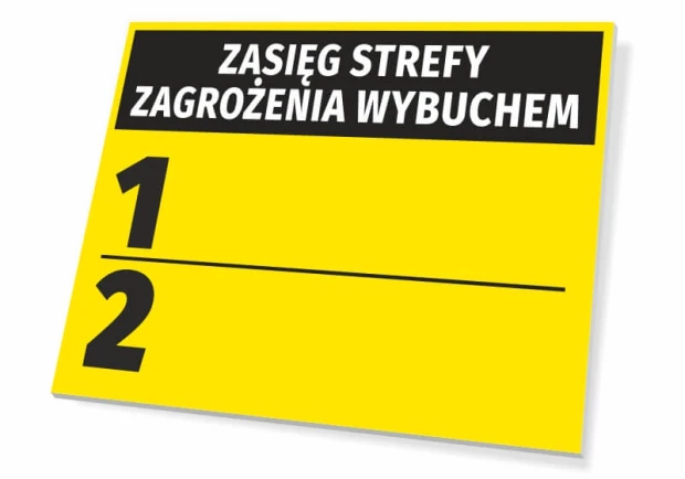 Explosion hazard zone sign - Graphic design. Yellow background with black text and empty fields.