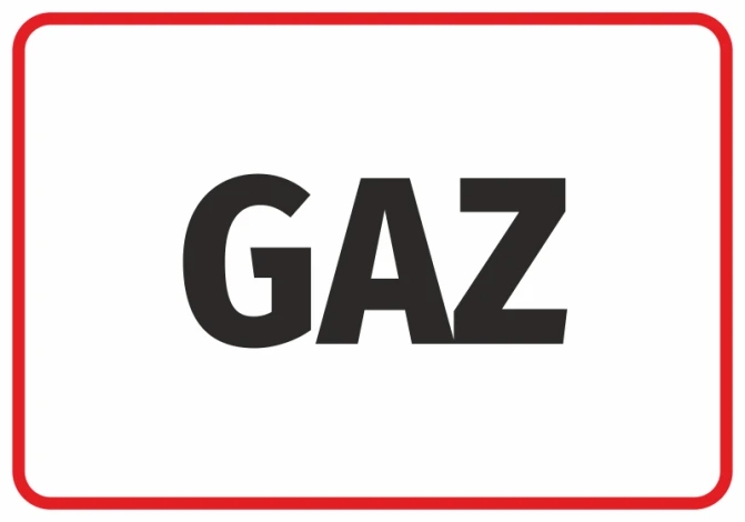 Gas Sticker - Graphic design. Black letters on a white background, surrounded by a red border.