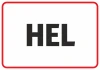 Sticker Hel - Graphic design. Large black HEL letters on a white background with a red border.