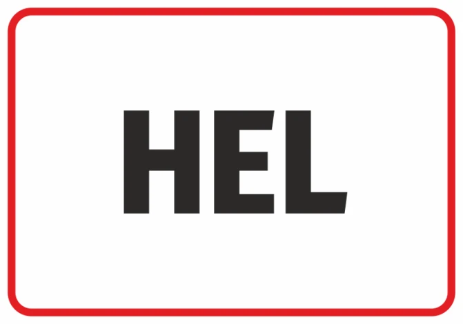 Sticker Hel - Graphic design. Large black HEL letters on a white background with a red border.
